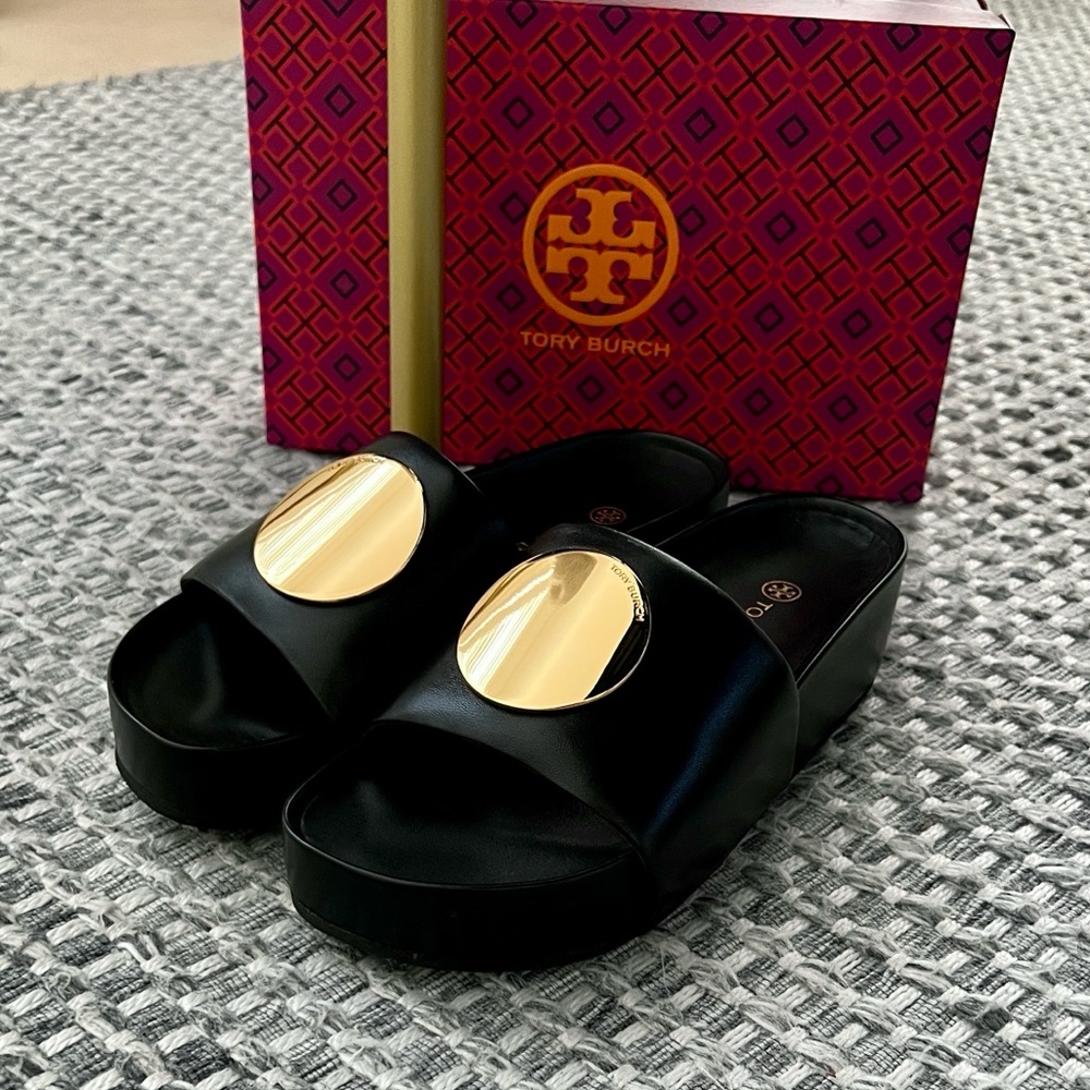 Tory Burch Black Slide Sandals with Gold Medallion Accent